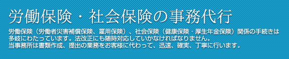 労働保険・社会保険の事務代行 労働保険（労働者災害補償保険、雇用保険）、社会保険（健康保険・厚生年金保険）関係の手続きは多岐にわたっています。法改正にも随時対応していかなければなりません。
当事務所は書類作成、提出の業務をお客様に代わって、迅速、確実、丁寧に行います。
