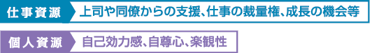 仕事資源：上司や同僚からの支援、仕事の裁量権、成長の機会等 個人資源：自己効力感、自尊心、楽観性