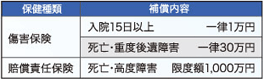 保険種類 補償内容  傷害保険 入院15日以上 一律1万円  死亡・重度後遺障害 一律 30万円  賠償責任保険 死亡・高度障害 限度額1,000万円