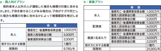 補償  本人 傷害死亡・後遺障害保険金額 1,000万円   傷害入院保険金日額 4,000円   傷害通院保険金日額 2,000円  相手方に対する賠償  1億円  保険料  9,780/年  (イ) 家族プラン   補償  本人 傷害死亡・後遺障害保険金額 1,000万円   傷害入院保険金日額 4,000円   傷害通院保険金日額 2,000円  配偶者 傷害死亡・後遺障害保険金額 1,000万円   傷害入院保険金日額 4,000円   傷害通院保険金日額 2,000円  親族1名あたり 傷害死亡・後遺障害保険金額 1,000万円   傷害入院保険金日額 4,000円   傷害通院保険金日額 2,000円  相手方に対する賠償  1億円  保険料  25,900/年