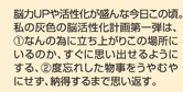 脳力UPや活性化が盛んな今日この頃。私の灰色の脳活性化計画第一弾は、①なんの為に立ち上がりこの場所にいるのか、すぐに思い出せるようにする、②度忘れした物事をうやむやにせず、納得するまで思い返す。