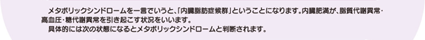 メタボリックシンドロームを一言でいうと、「内臓脂肪症候群」ということになります。内臓肥満が、脂質代謝異常・高血圧・糖代謝異常を引き起こす状況をいいます。